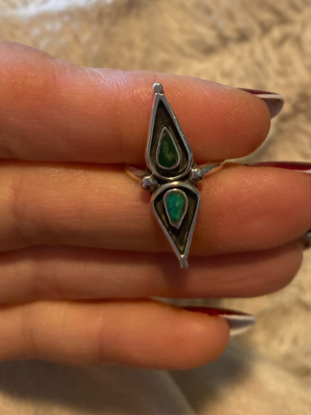 Sterling-Inspired Double Teardrop Ring with Green Stones